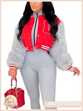 Women's Cropped Varsity Letterman Jacket with Faux Fur Sleeves